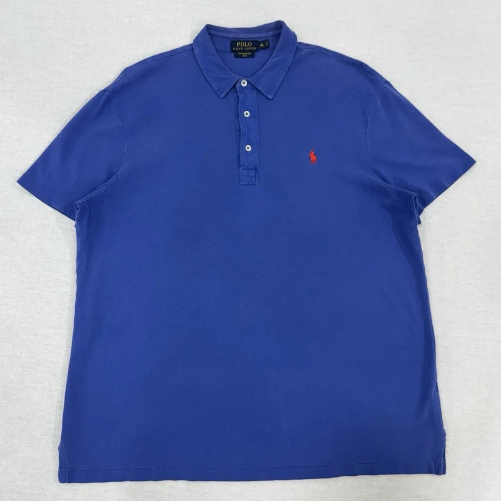 Polo Ralph Lauren Blue Featherweight Mesh 3 Button Polo Shirt Men's XL Red Pony